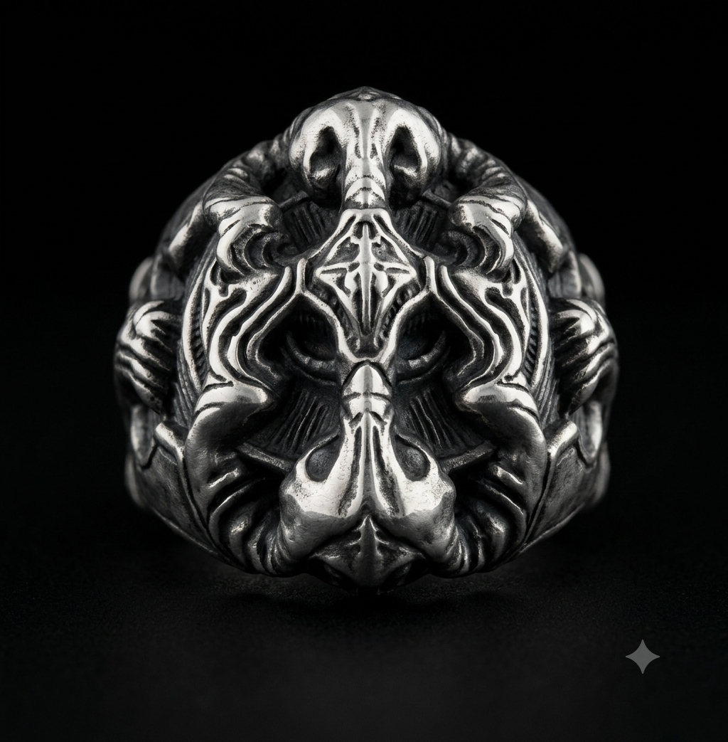 Pirate Skull Signet Ring — oxidized sterling silver, front view